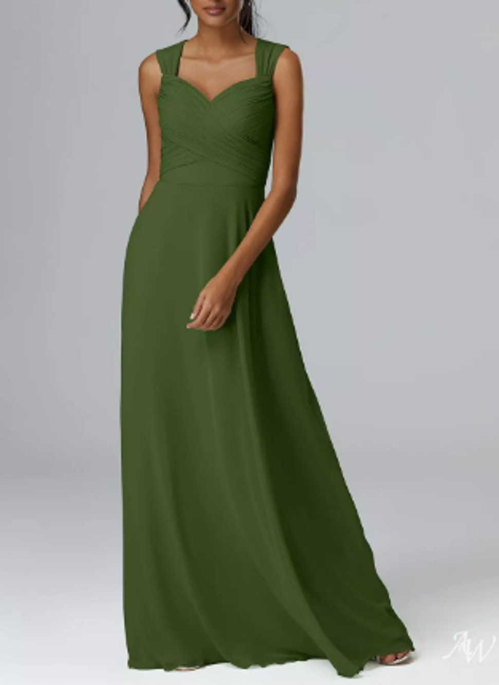 AW BRIDAL 2 XS green olive chiffon Meredith bridesmaid gala maxi dress NEW 0B13